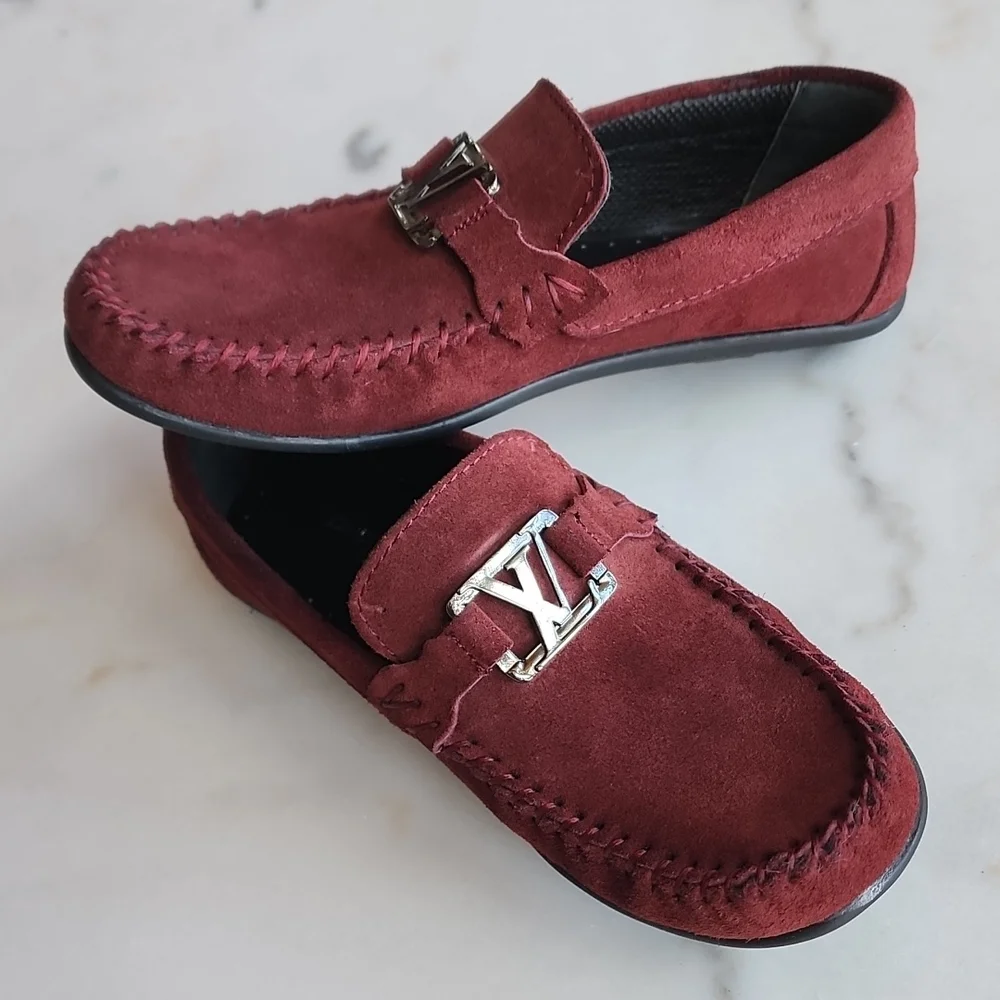 Louis Vuitton Boys Burgundy Suede Driving Loafers